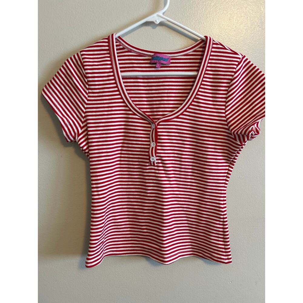 Edikted Red White Striped Baby Tee Henley Top Size Large Fitted Y2K